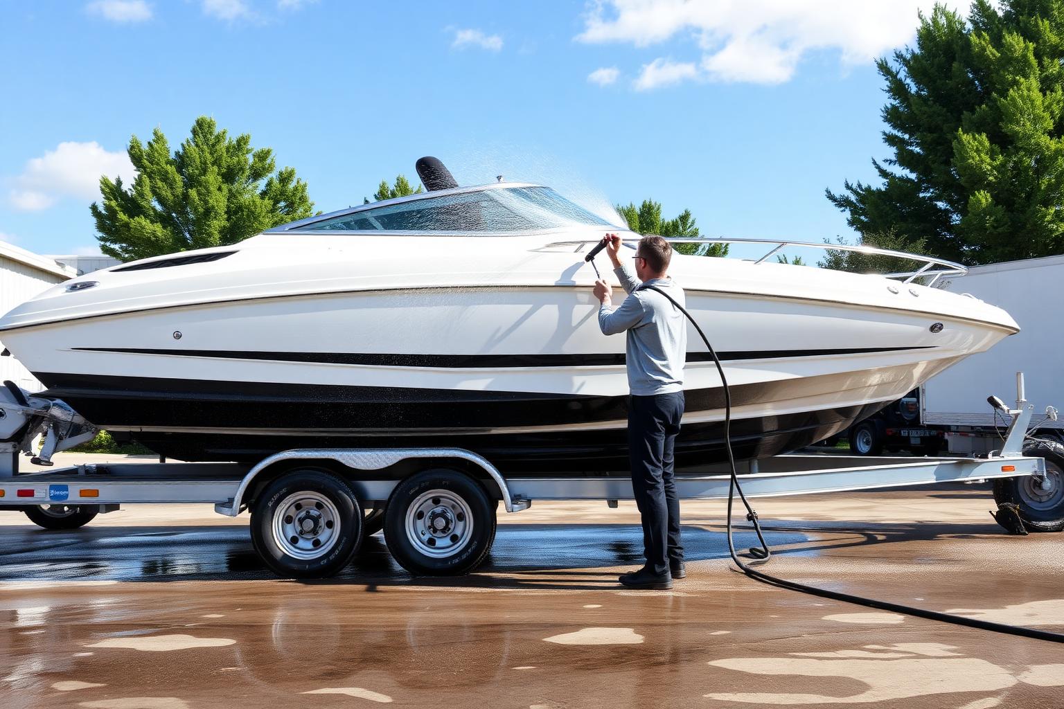 Boat detailing service cleaning and protecting a boat hull in Idaho