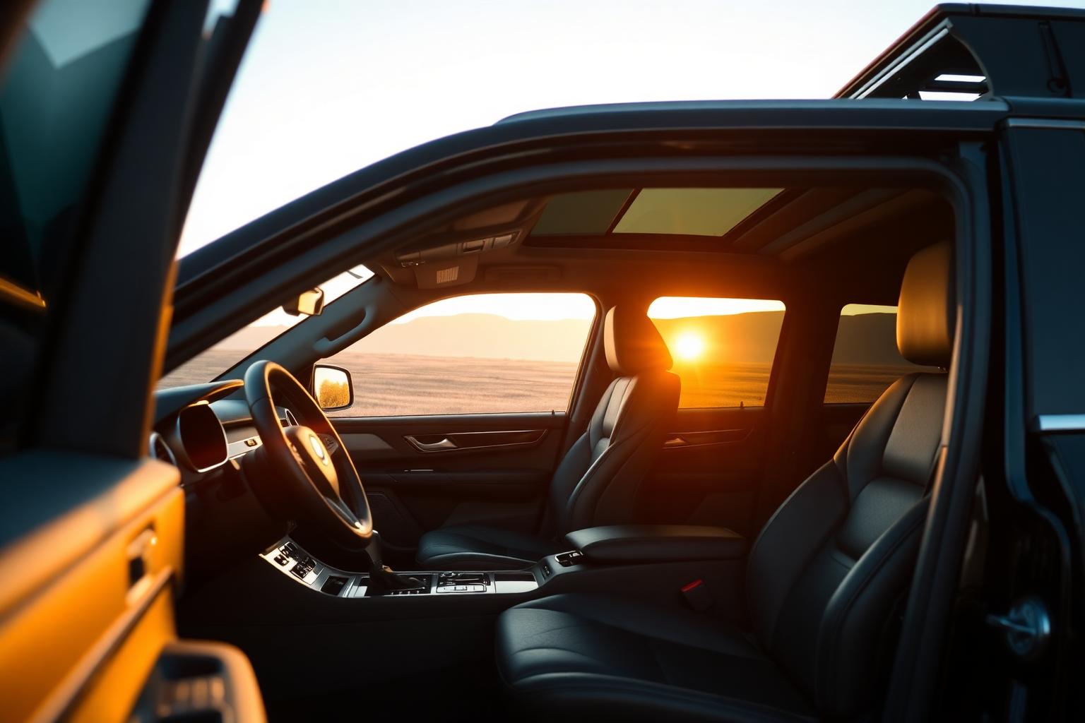 Pristine luxury SUV interior at sunset in Idaho